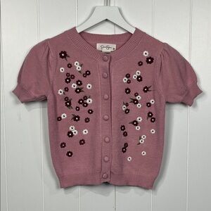 Jessica Simpson Womens Cardigan XS Pink Short Sleeves Embroidered Floral NWT